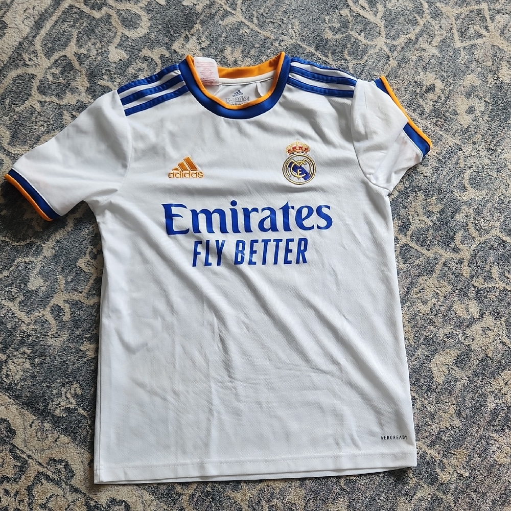 Adidas Real Madrid Kids White Home Jersey with Blue & Gold Accents